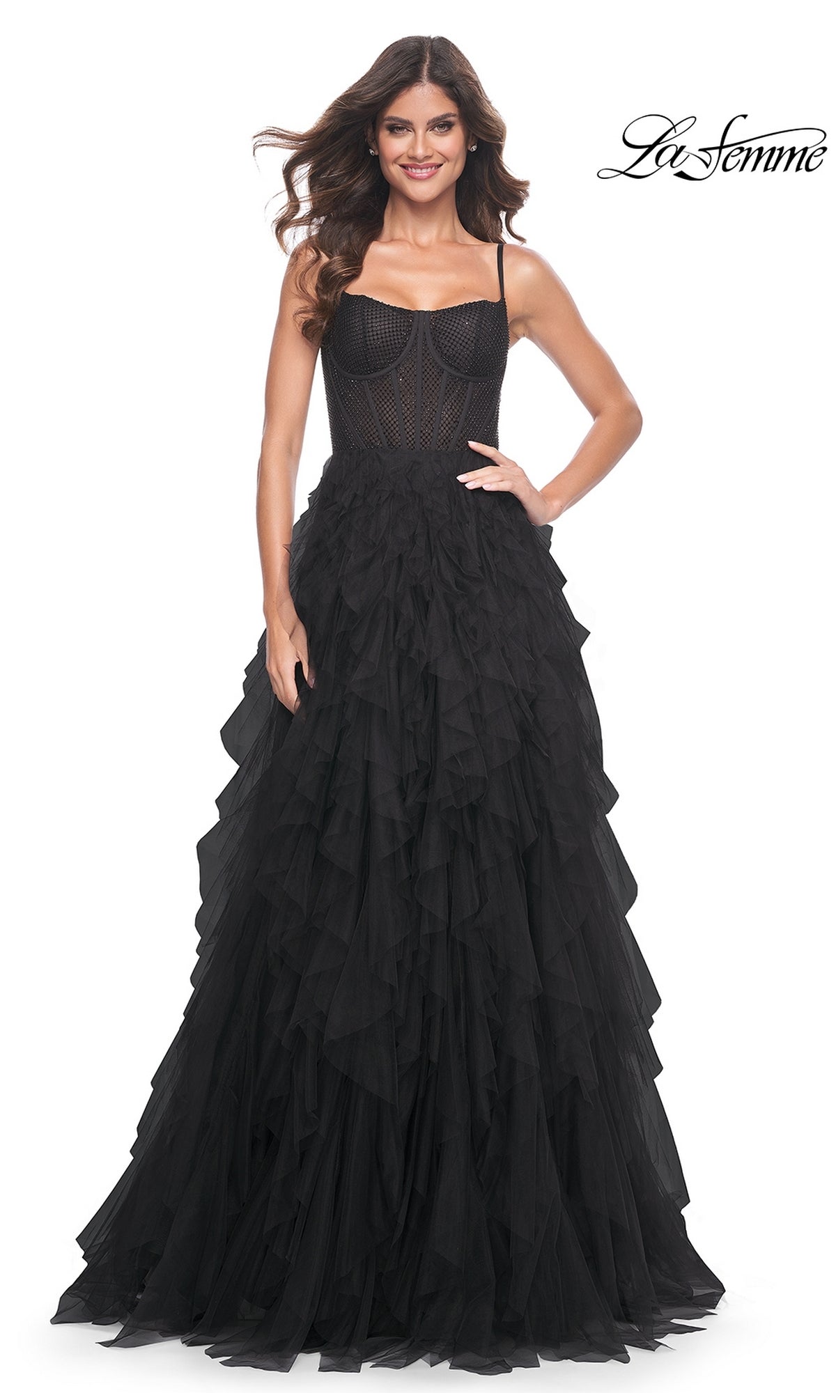 Long Ruffled A-Line Prom Dress with Sheer Corset Black / 8