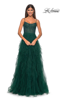 La Femme Sheer-Waist Long Ruffled Prom Dress 32233