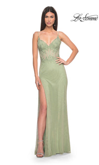 La Femme Sheer Lace-Bodice Long Prom Dress 32236