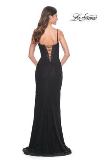 La Femme Lace-Up Back Long Lace Prom Dress 32237