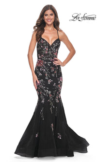 La Femme Floral-Lace Long Black Prom Dress 32246