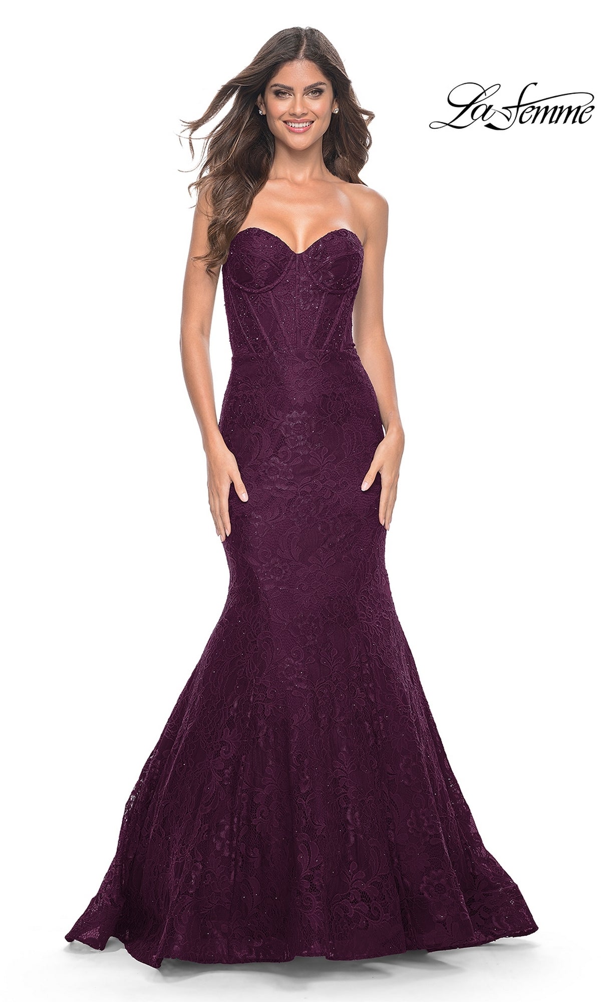 Beaded-Lace Strapless Long Mermaid Prom Dress Dark Berry / 12 Beaded-Lace Strapless Long Mermaid Prom Dress Dark Berry / 12