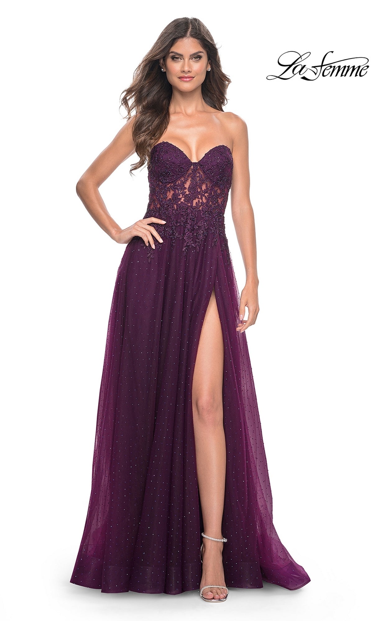 Strapless Long Beaded Prom Dress with Sheer Bodice Dark Berry / 10