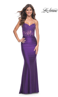 La Femme Lace-Bodice Long Lace-Up Prom Dress 32254