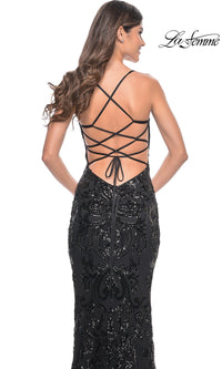 La Femme Long Black Sequin-Print Prom Dress 32255