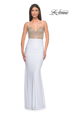 Woman wearing the La Femme Embellished-Bodice Long Prom Dress 32260 in white, featuring a sheer corset-style bodice and thin straps, stands against a plain white background. "La Femme" logo appears in the top right corner.