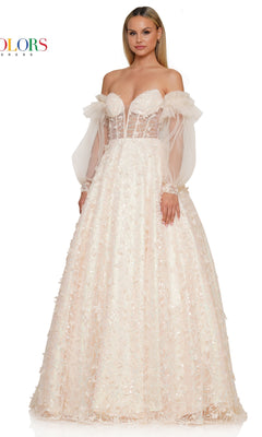 A woman wears the 3D Butterfly Formal Ball Gown 3226, featuring a light pink hue, off-the-shoulder fitted bodice, floral and butterfly accents, and removable sheer long sleeves against a white background.