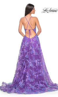 La Femme Sequin-Lace Long Purple Prom Dress 32291