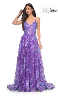 La Femme Sequin-Lace Long Purple Prom Dress 32291