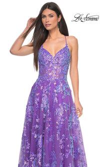 La Femme Sequin-Lace Long Purple Prom Dress 32291