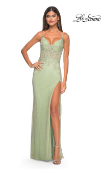 La Femme Embellished Long Fishnet Prom Dress 32292