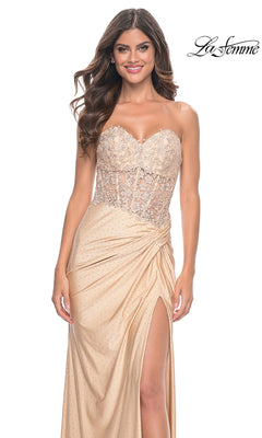 A woman wearing the La Femme Strapless Long Pleated Prom Dress 32301 stands against a white background.