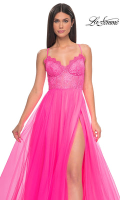 Strappy-Back Long Lace-Bodice Prom Dress with Pockets Neon Pink / 2