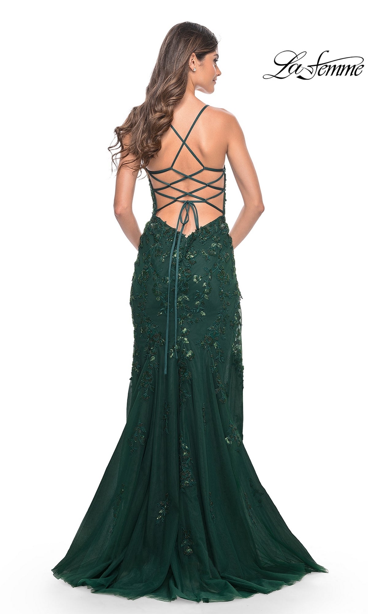 La Femme Backless Long Lace Prom Dress 32307