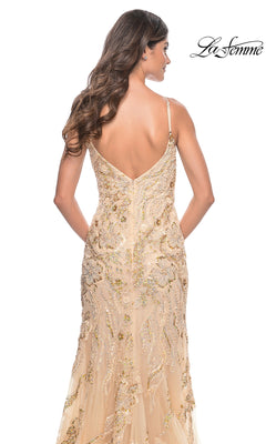 A woman faces away, wearing the Le Femme Long Sequin-Lace Prom Dress 32333 in gold, featuring thin straps and an open back. The La Femme logo is shown in the top right corner.