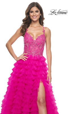 hot pink high low dress Bright Pink Long Prom Ball Gown with Ruffles Hot Fuchsia / 2