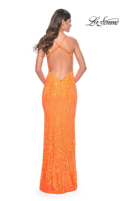 A woman faces away, wearing the La Femme Bright Long Sequin-Print Prom Dress 32343—an orange, backless gown with thin crisscross straps. The La Femme logo appears in the top right corner.