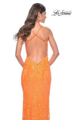 Woman wearing the La Femme Bright Long Sequin-Print Prom Dress 32343, featuring a vivid orange color, open back, and thin crisscross straps. She is shown from behind with the La Femme logo displayed in the top right corner.