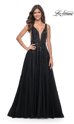 A woman models the La Femme Deep V-Neck Long Black Prom Dress 32345, featuring a sleeveless design, sequin embellishments, and a full skirt, against a white background. The "La Femme" logo appears in the top right corner.
