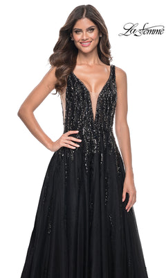 A woman models the La Femme Deep V-Neck Long Black Prom Dress 32345, featuring a sleeveless design and sequin embellishments, smiling against a white background with the "La Femme" logo displayed in the top right corner.