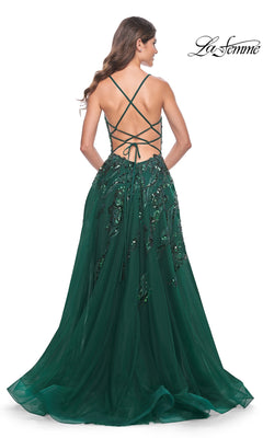 Woman in a La Femme Long A-Line Sequin-Print Prom Dress 32346, floor-length with crisscross lace-up open back and sequin floral print, standing with her back to the camera.