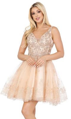 A woman wears the Silver-Beaded Short Babydoll Hoco Dress 3237, a sleeveless, knee-length party dress with intricate lace and sequin details, posing with her hands clasped.