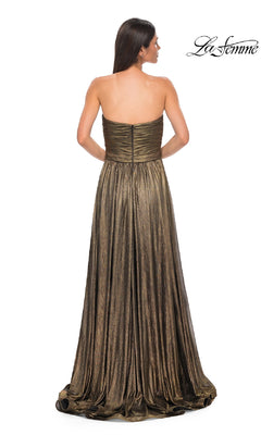 A woman with long dark hair is seen from the back wearing the Strapless Long Metallic Prom Dress: La Femme 32382, featuring a fitted bodice and flowing skirt. The La Femme logo is displayed in the top right corner.