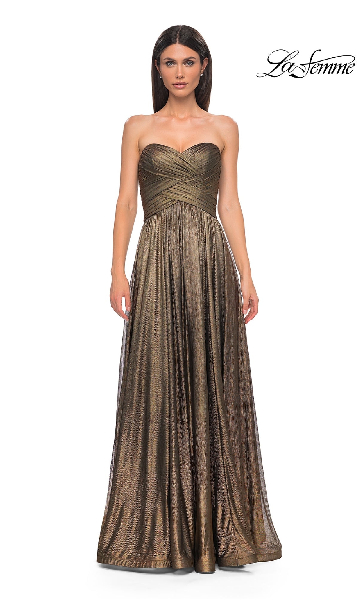 A woman models the Strapless Long Metallic Prom Dress: La Femme 32382, featuring a fitted bodice and flowing skirt, set against a white background with the 