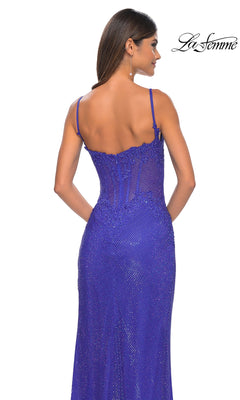 A woman wearing the La Femme 32409: embroidered-lace long prom dress with thin straps in royal blue, shown from the back. The La Femme logo is displayed in the top right corner.