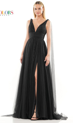 A woman models the Classic Long Prom Ball Gown: Colors Dress 3242, a sleeveless v-neck evening gown with a sheer overlay and high slit, paired with strappy black heels, against a plain white background.