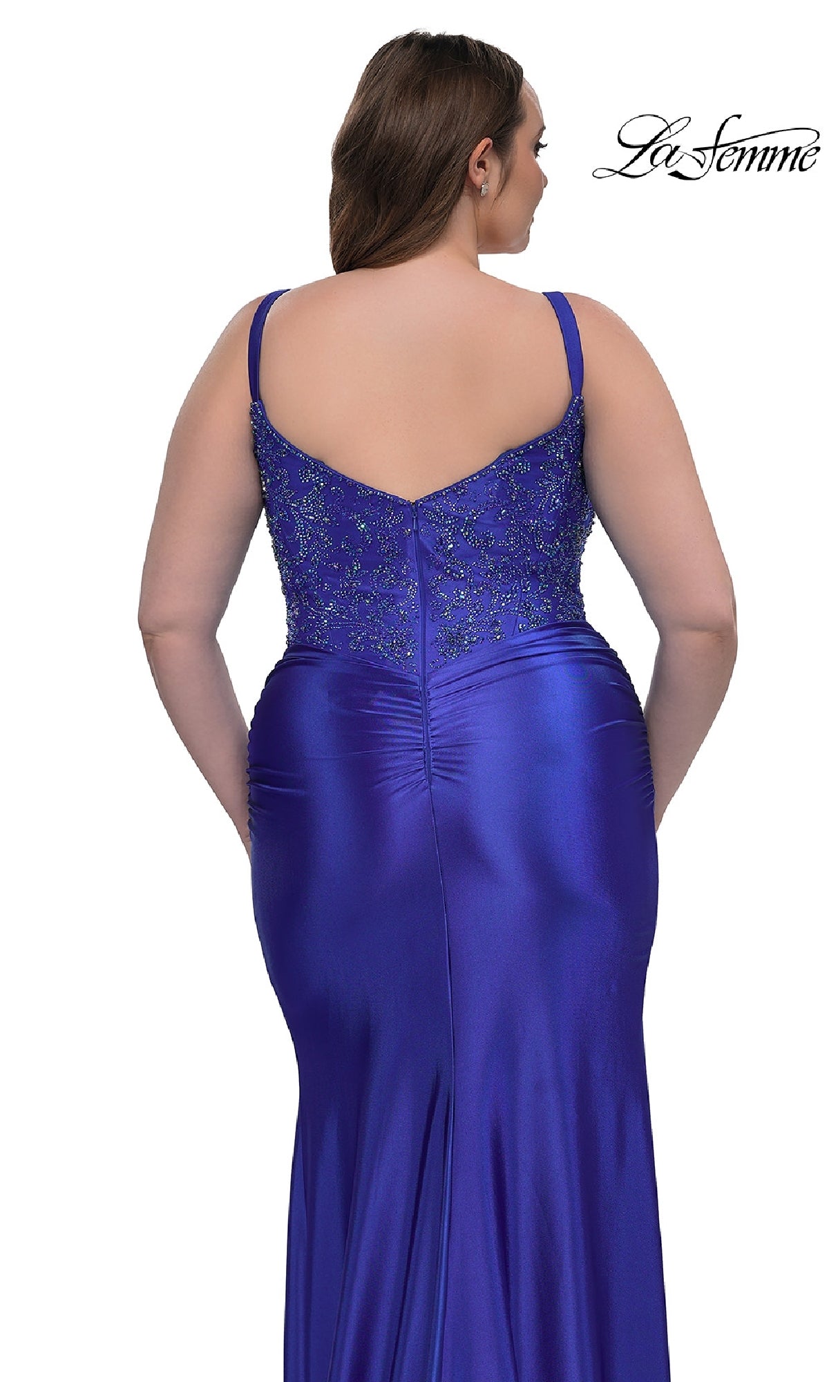 Plus-Size Long Satin Prom Dress with Beaded Bodice Royal Blue / 14W