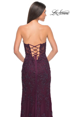 A woman is shown from behind wearing the Beaded-Lace Long Prom Dress: La Femme 32437, featuring a strapless design with a deep purple beaded lace-up back. The "La Femme" logo is displayed in the top right corner.