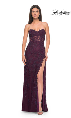 A woman models the La Femme 32437 beaded-lace long prom dress in dark purple. The strapless gown features a sweetheart neckline, beaded lace details, and a high thigh slit. The La Femme logo is visible in the top right corner.