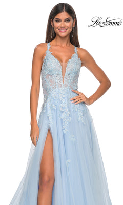 knee length dresses for ladies Blue A-Line Tulle Lace Long Prom Dress, Blue Lace Formal Evening Dresses US 4 / Custom Color main image 0