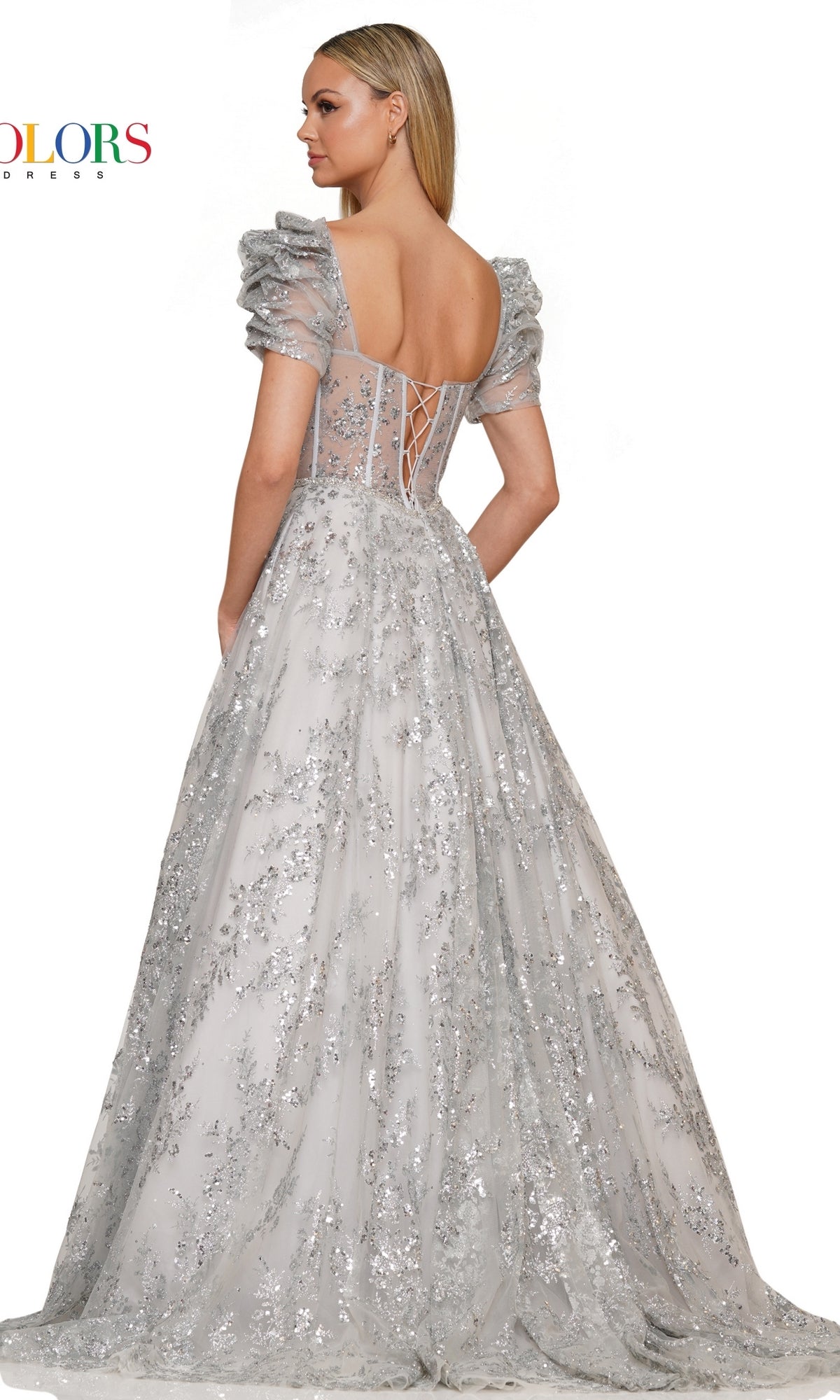 Puff-Sleeve Glitter-Mesh Ball Gown 3243