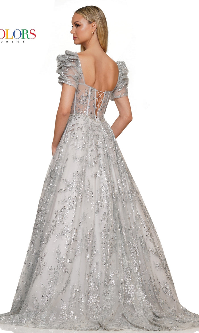 Short-Sleeve Long Glitter A-Line Prom Dress 3243