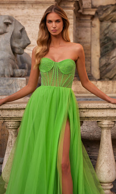 A woman in the La Femme 32445 strapless long A-line prom dress, featuring a beaded corset-style bodice and high slit, stands before a stone railing and lion statue.