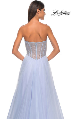 A woman is shown from the back wearing the La Femme 32445 Strapless Long A-Line Prom Dress, featuring a sheer corset-style bodice and flowing tulle skirt. The "La Femme" logo appears in the upper right corner.