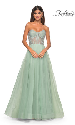 A woman stands with hands clasped in front, wearing the La Femme 32445 strapless mint green tulle A-line prom dress with a fitted corset bodice and full skirt. The La Femme logo is in the top right corner.