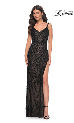 A woman poses against a white background in the La Femme 32450 long black beaded prom dress, featuring spaghetti straps, a high slit, and elegant details for a classic formal look.