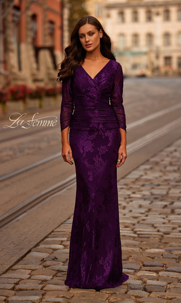 V-Neck Sheer-Sleeved Tight Lace Long Formal Dress– PromGirl