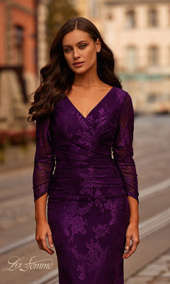 V-Neck Sheer-Sleeved Tight Lace Long Formal Dress Black / 8