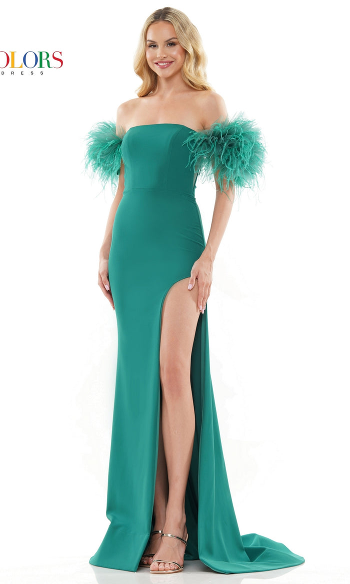 Feather Sleeve Strapless Long Gala Dress 3250