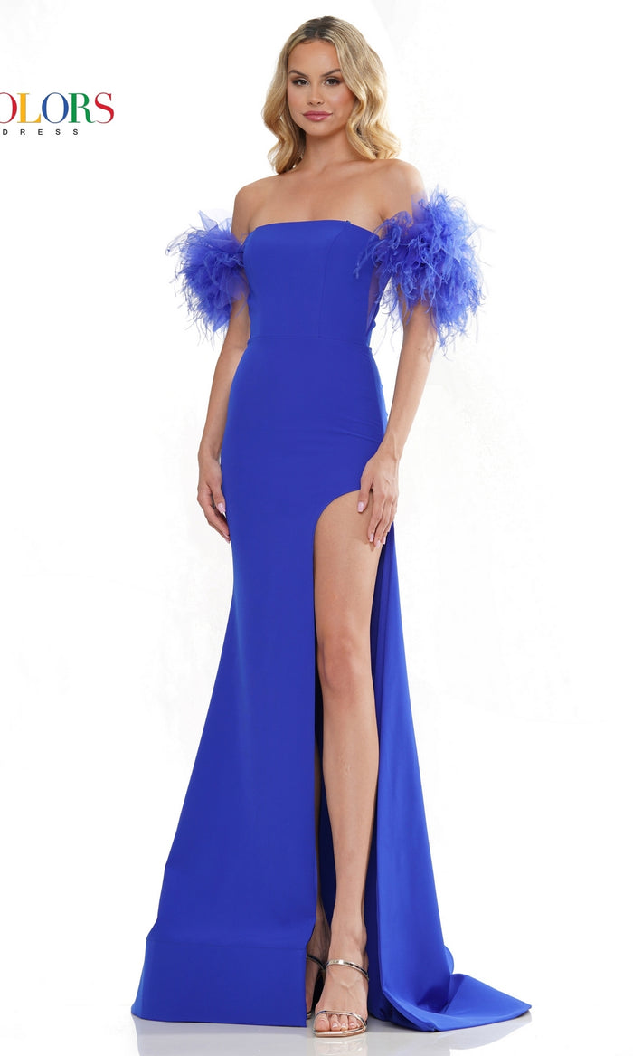 Feather Sleeve Strapless Long Gala Dress 3250