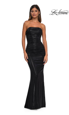 A woman models the La Femme 32518 Long Strapless Tube Prom Dress with ruching, standing against a white background. The La Femme logo is displayed in the top right corner.