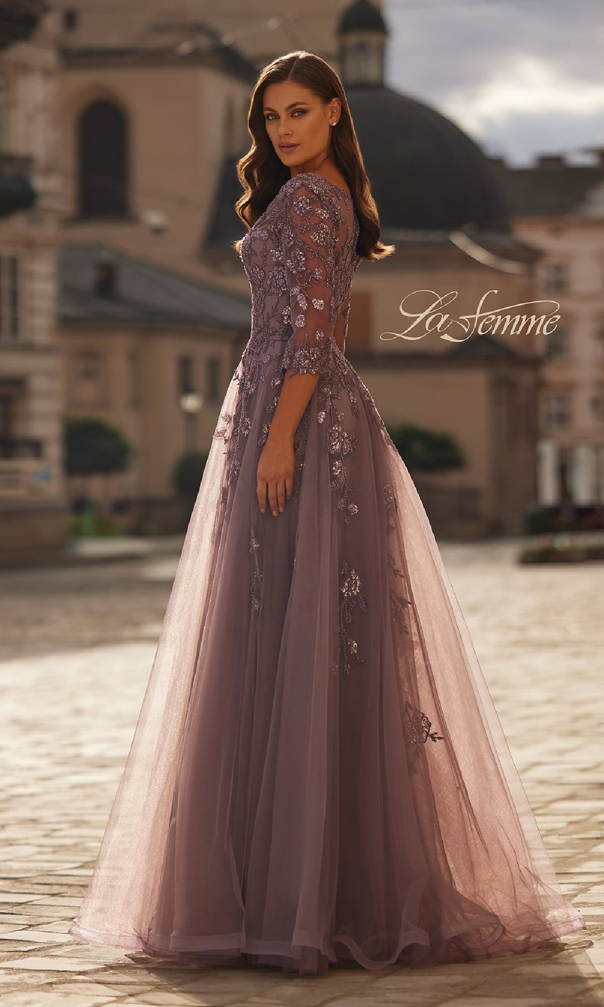 Long Sleeved Tulle Formal Dress with Beaded Lace Navy / 6