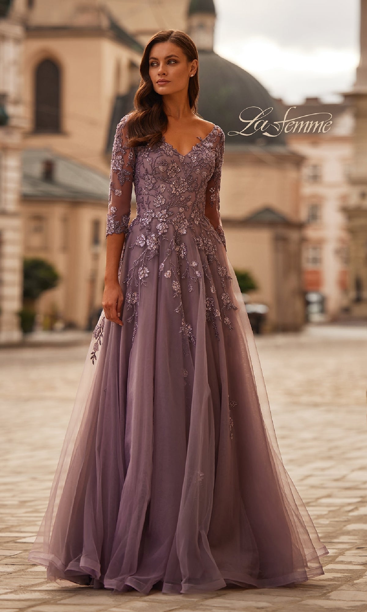 Long Sleeved Tulle Formal Dress with Beaded Lace – PromGirl