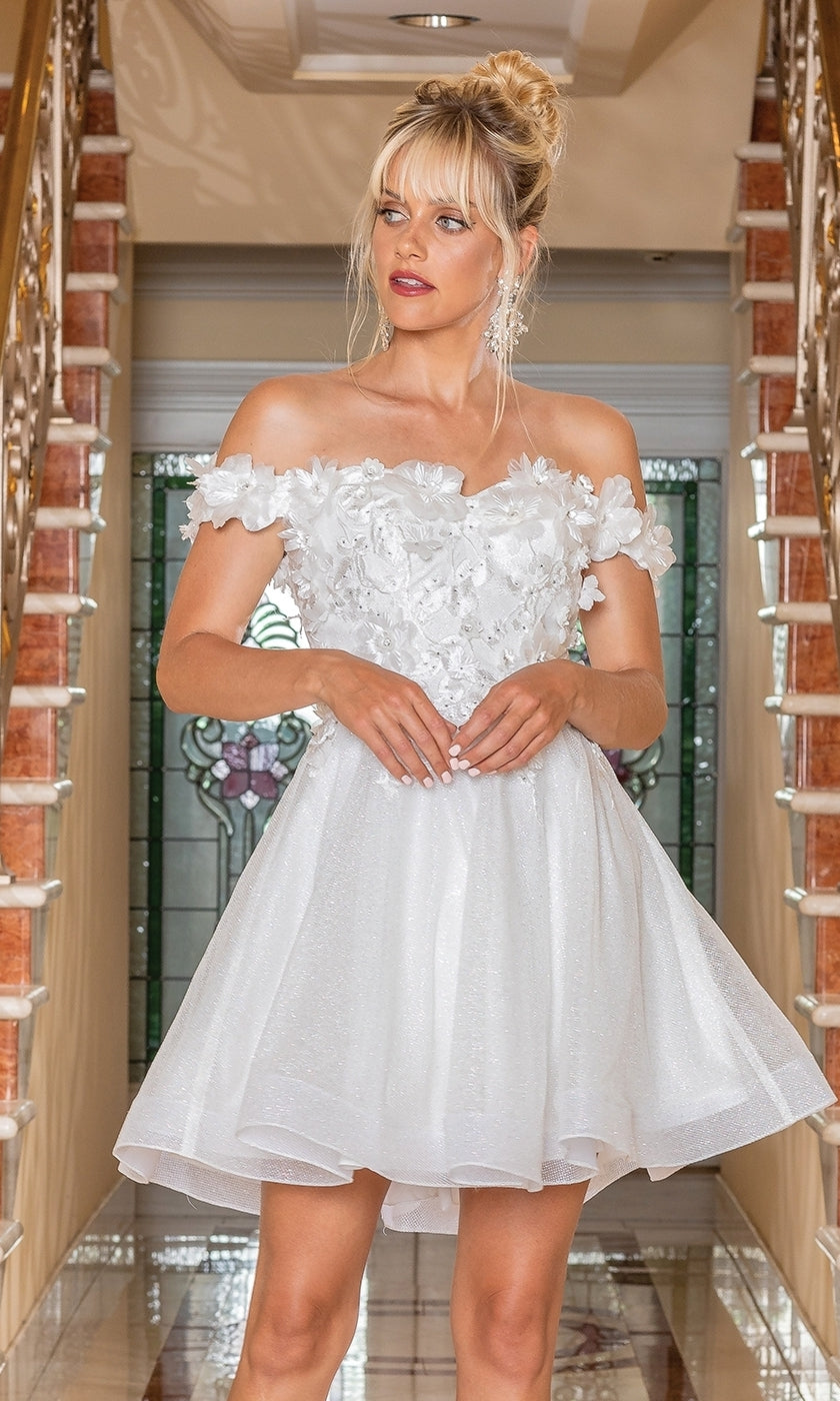 Corset-Back Babydoll Short Metallic Prom Dress Off White / XSmall