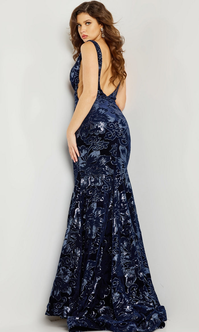 Jovani Long Blue Sequin-Print Prom Dress 32581