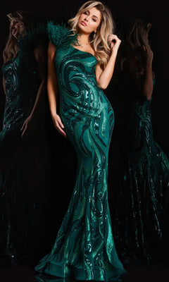A woman poses against a black background in the green Sequin-Print Long Prom Dress Jovani 32596, featuring swirling sequin patterns, feathered shoulder accents, and a mermaid skirt, with her reflection visible.